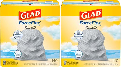 Glad ForceFlex Tall Kitchen Trash Bags - 13 Gallon, Fresh Clean Scent | 140 Count (Pack of 2)