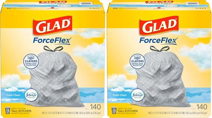Glad ForceFlex Tall Kitchen Trash Bags - 13 Gallon, Fresh Clean Scent | 140 Count (Pack of 2)