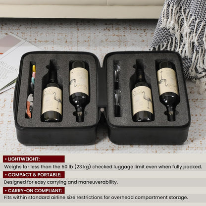 Wine Travel Suitcase for 4 Standard Wine Bottles - 360-degree All-around Protection Bottle Luggage for Airplane, Car, Outdoor Carrying - Impact Resist, Sturdy, Waterproof Wine Bottle Protector Case