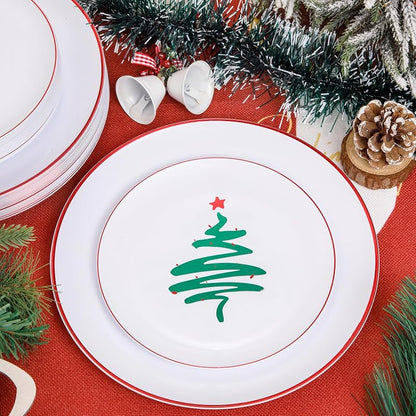 Disposable Christmas Plates 60-Pack - White with Red Rim, 10.25" Dinner + 7.5" Dessert Plates, Party Tableware