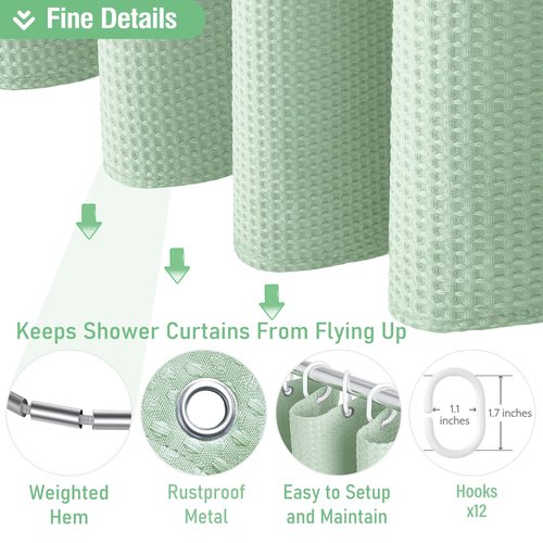 Dynamene Extra Long Shower Curtain - 96 Inch Long Waffle Weave Weighted Thick Cloth Bathroom Shower Curtain, Neutral Heavy Duty Hotel Bath Curtain Set with 12 Plastic Hooks,72x96, Mint Green