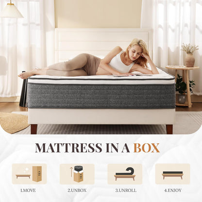 Skiennix Queen Mattress - 12 Inch Hybrid Design with Medium Feel Foam & Pocket Springs | CertiPUR-US Certified