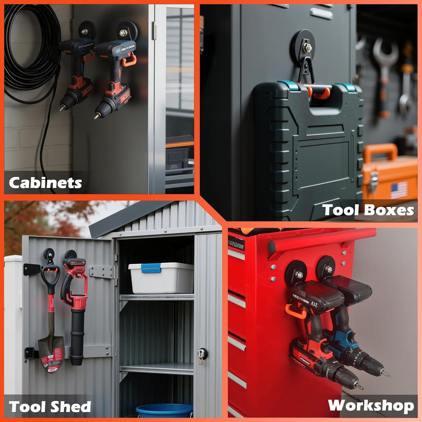 ULIBERMAGNET Heavy Duty Magnetic Garage Hooks - 4 Pack Strong Magnet Hooks for Tools & Storage (Orange)