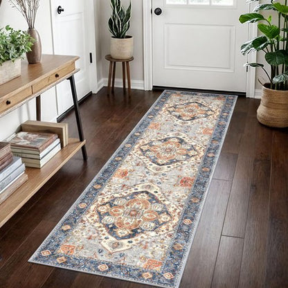 SIILOOM 2x7 Washable Runner Rug for Hallways, Ivory Blue Soft Classic Kitchen Rugs with Non-Slip, Non-Shedding Boho Rug for Hallways Entryway Bedroom Bathroom Laundry Indoor