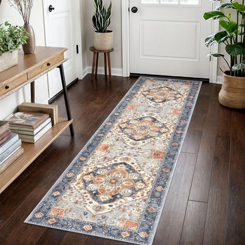 SIILOOM 2x7 Washable Runner Rug for Hallways, Ivory Blue Soft Classic Kitchen Rugs with Non-Slip, Non-Shedding Boho Rug for Hallways Entryway Bedroom Bathroom Laundry Indoor