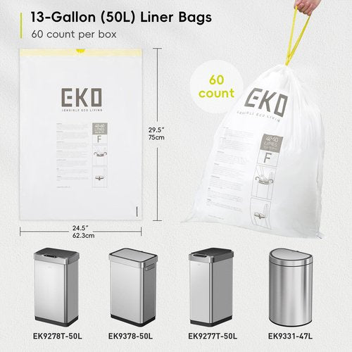 EKO 13 Gallon / 40-60 Liter, 60 Count Drawstring Trash Bags, Extra-Strong Unscented Garbage Bags, Easy-Dispense Roll for Kitchen & Household Use, Leak-Resistant, Code F, White