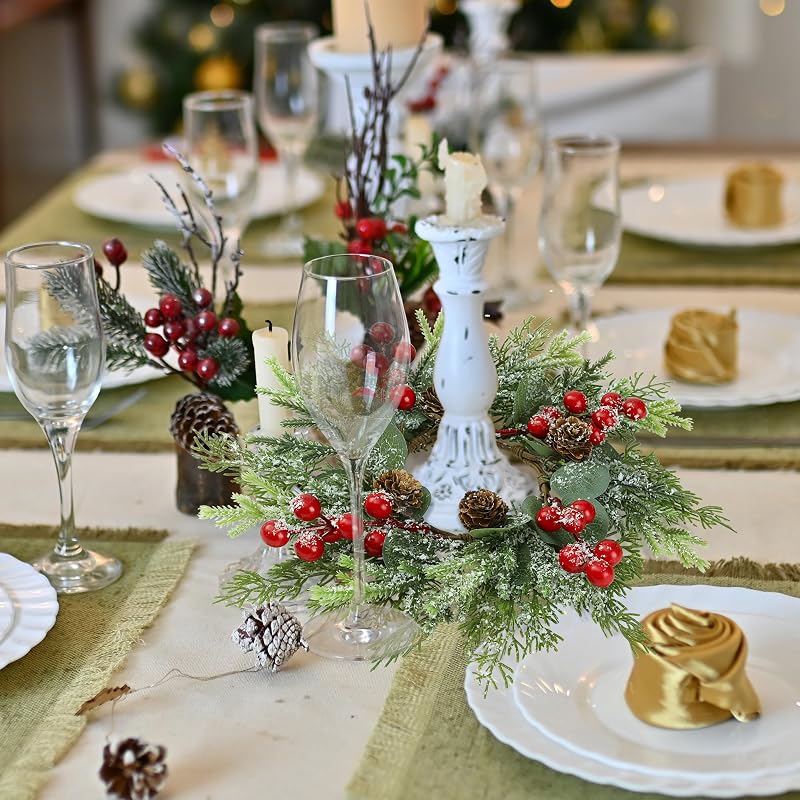 11-Inch 6 Pcs Christmas Candle Rings Norfolk Pine Wreaths with Red Berries and Pinecones