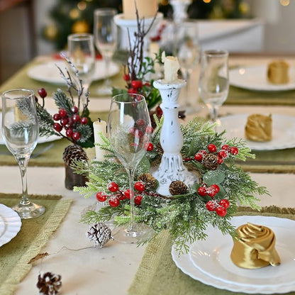 11-Inch 6 Pcs Christmas Candle Rings Norfolk Pine Wreaths with Red Berries and Pinecones