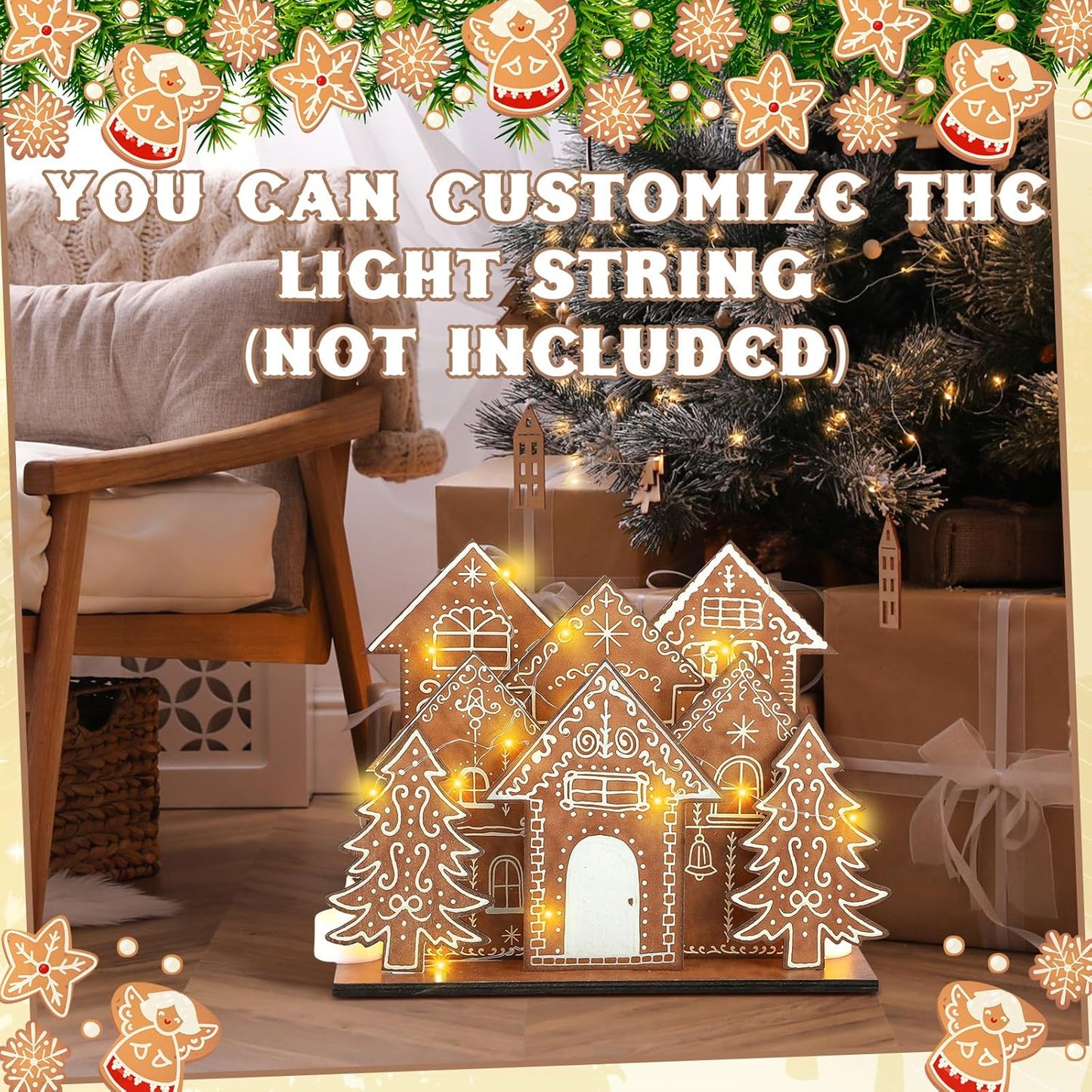 Threehoney Christmas Gingerbread House Decor - 8 Pcs Wooden Table Centerpiece for Holiday Cheer