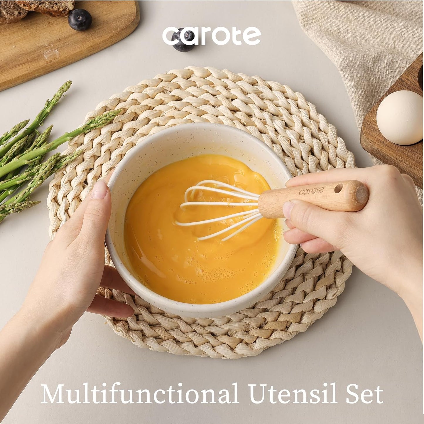 CAROTE Silicone Cooking Utensils Set - 10 Pcs BPA-Free Kitchen Tools with Heat-Resistant Wood Handles | Cream White