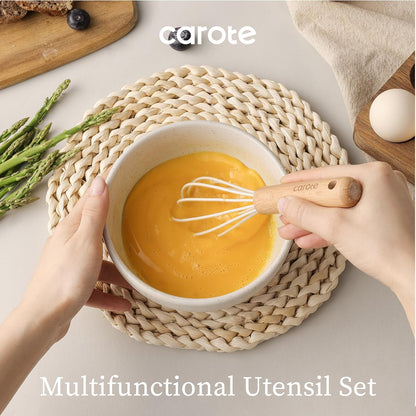 CAROTE Silicone Cooking Utensils Set - 10 Pcs BPA-Free Kitchen Tools with Heat-Resistant Wood Handles | Cream White
