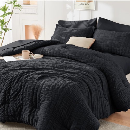 HYMOKEGE Black Twin Comforter Set Seersucker 5 Pieces, All Season Luxury Bed in a Bag for Bedroom, Bedding Set with Comforters, Sheets, Pillowcase & Sham