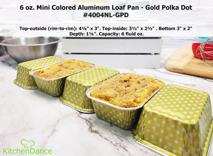 KitchenDance Disposable Aluminum Colored Polka Dot Mini Loaf Pan without Lid - 6 Ounces Rectangular Non-Stick Baking Pan Perfect for Food Gifts, Home Bakers, Restaurants - Pack of 100#4004 (Gold)