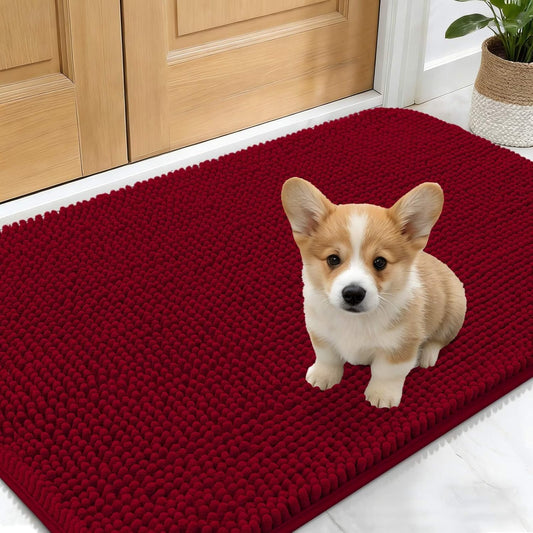 OLANLY Dog Door Mat - Absorbent Non-Slip Chenille for Muddy Paws | 24x16 Red Indoor Entryway Carpet