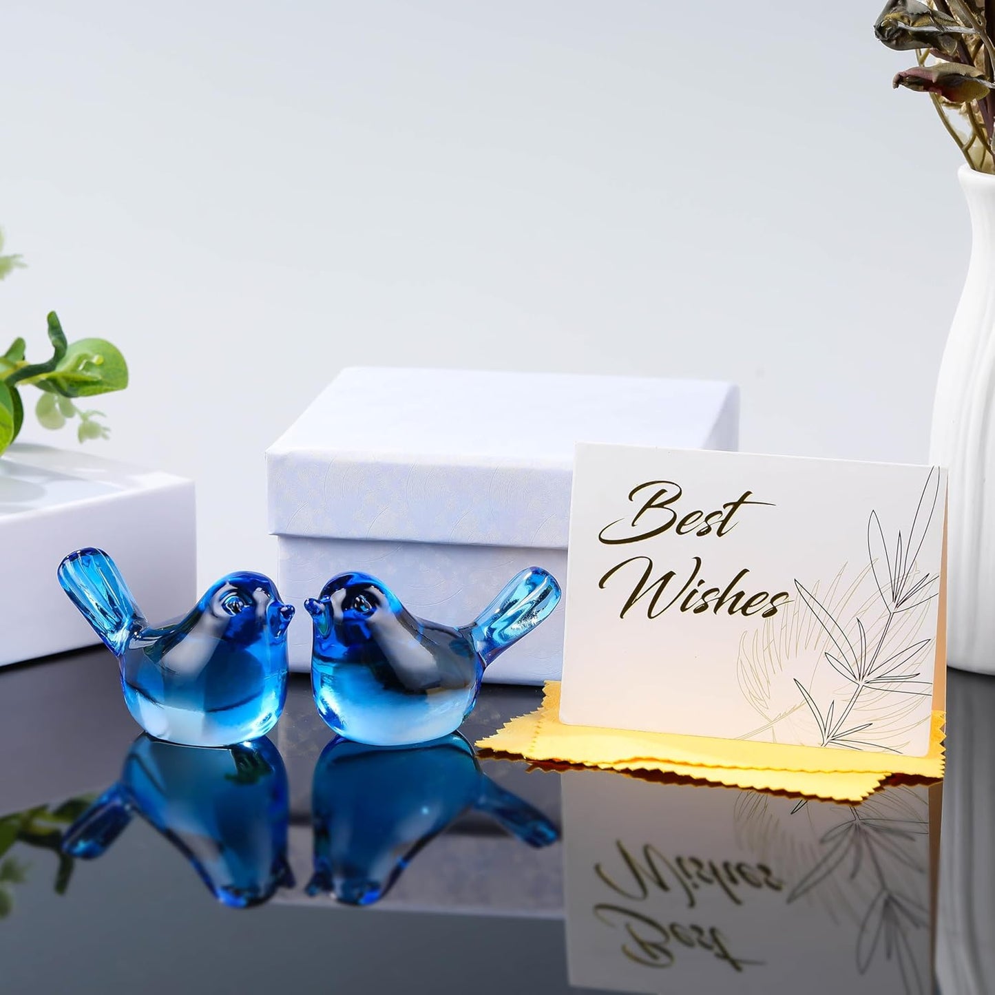 Qianwei Crystal Bird Figurine Set - Handmade Blown Glass Birds for Office Desk Decor | 2pcs Sky Blue
