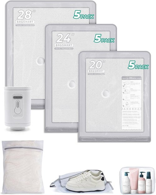 BAGSMART Vacuum Storage Bags - Heavy Duty Compression Bags with Portable Pump | Travel Essentials - Gray