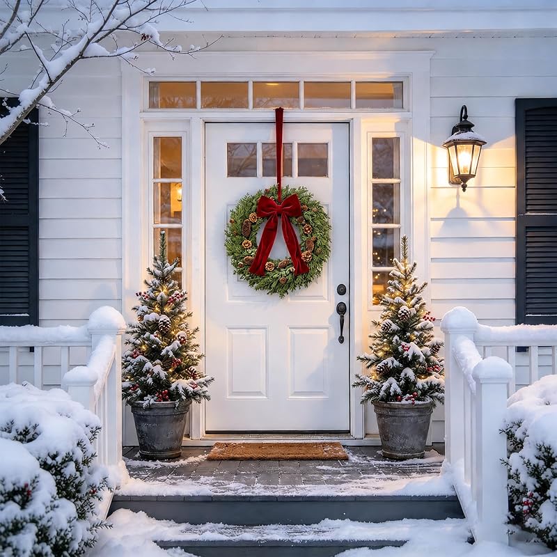 Christmas Wreath 24 Inch Front Door Artificial Pine Needle with Red Bow Pinecones