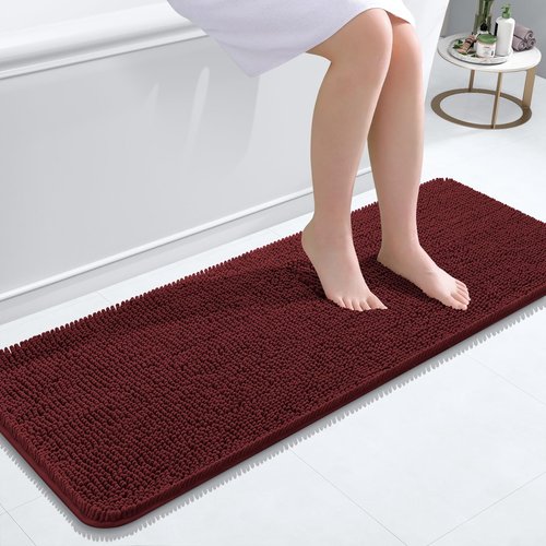 OLANLY Bathroom Rugs 47x17, Extra Soft Absorbent Chenille Bath Rugs, Rubber Backing Quick Dry, Machine Washable Bath Mats for Bathroom Floor, Tub and Shower, Home Decor Accessories, Andorra Red-Brown