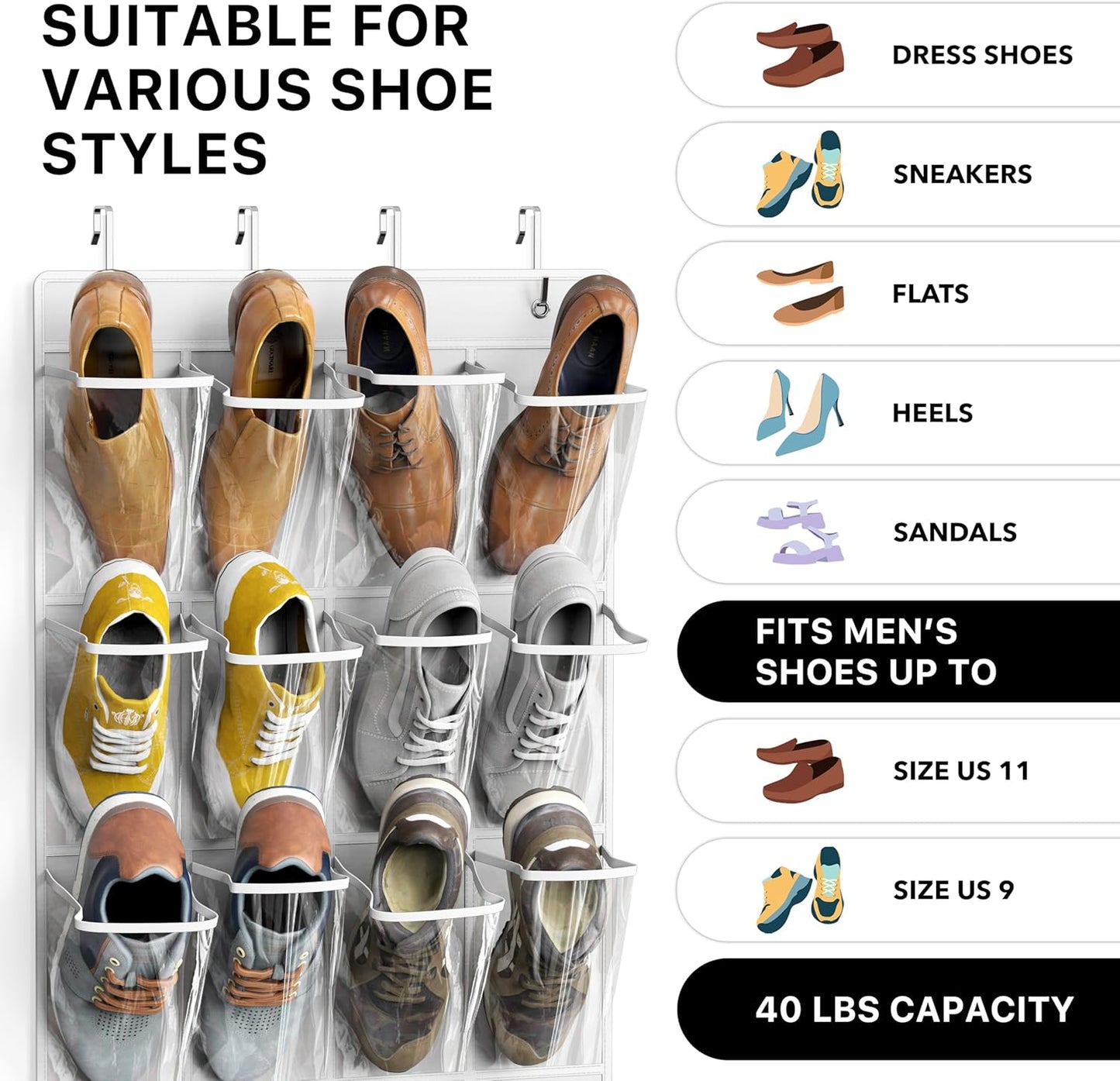 Simple Houseware Over The Door Shoe Organizer - 24 Clear Pockets, White (56" x 22.5")
