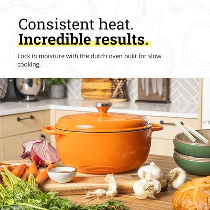 Lodge Enamel Cast Iron Dutch Oven - 6 Quart Pumpkin - Ideal for Baking, Braising & Slow Cooking - Moisture-Sealing Lid & Dual Handles