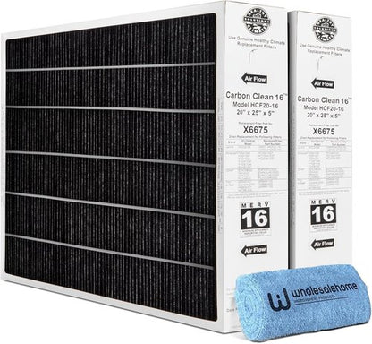 Lennox X6675 Air Filter - MERV 16 Carbon Clean Home Furnace Filter | 20x25x5 Size, 2-Pack with Cleaning Cloth