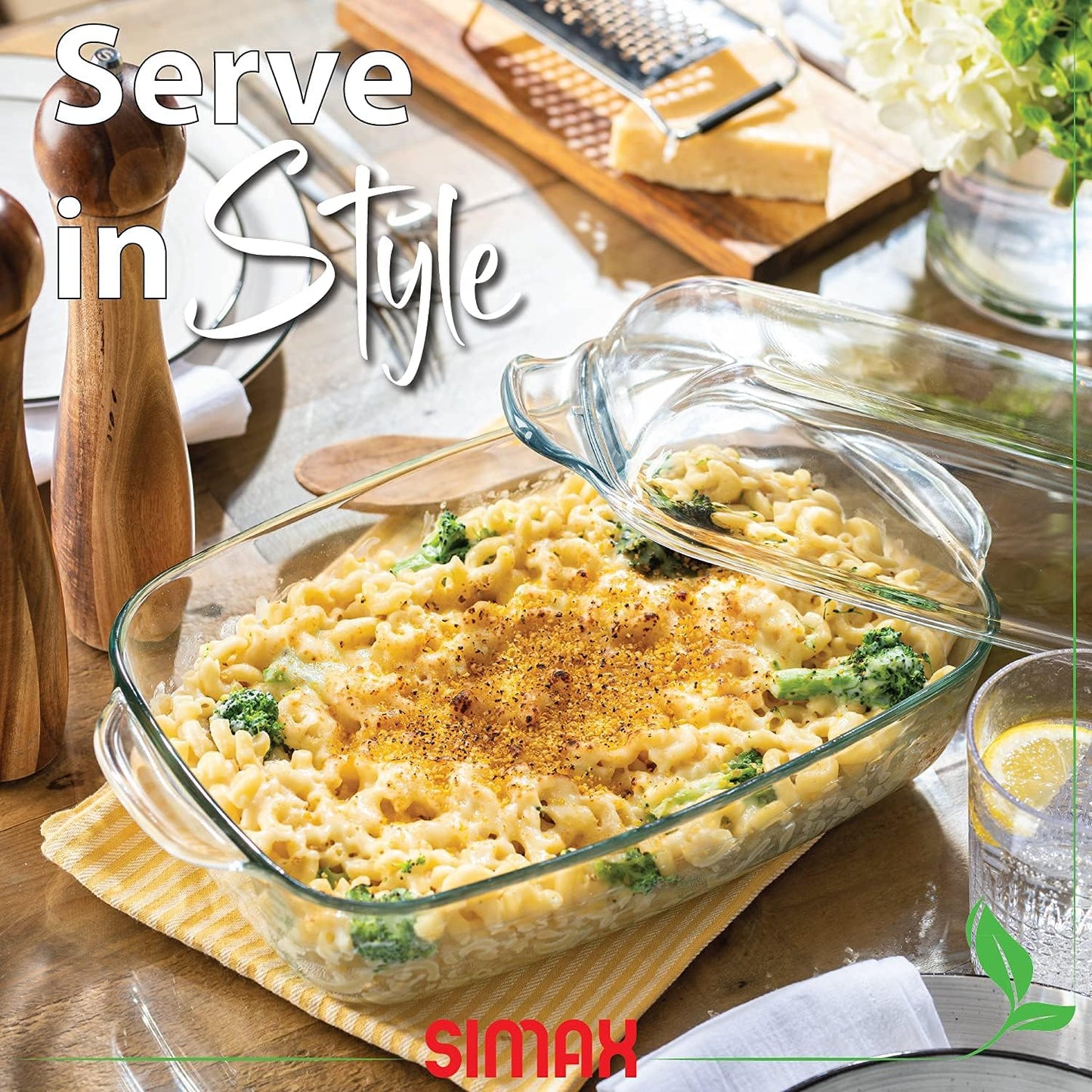 Simax Glass Casserole Dish - Clear Round Baking Dish with Lid & Handles | 3 Quart Capacity, Oven Safe