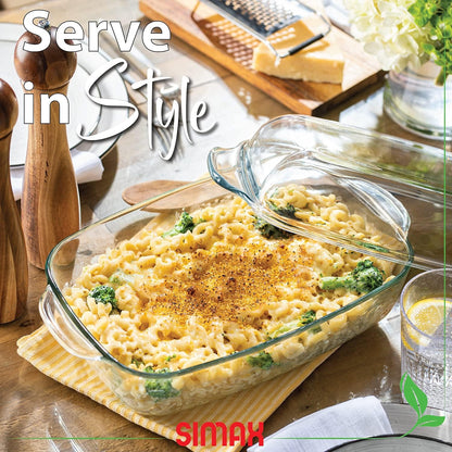 Simax Glass Casserole Dish - Clear Round Baking Dish with Lid & Handles | 3 Quart Capacity, Oven Safe
