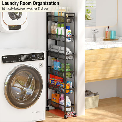 ThreeHio 6-Tier Slim Storage Cart - Mobile Metal Shelving Unit with Wheels for Kitchen & Bathroom - Black 6in(W)