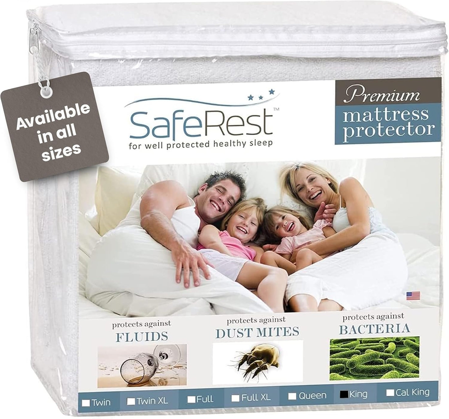 SafeRest Waterproof Mattress Protector - King Size Fitted Cover with Stretchable Pockets | Machine Washable Cotton Blend