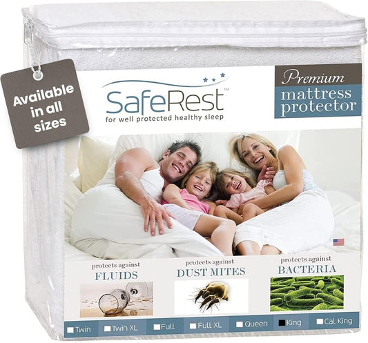 SafeRest Waterproof Mattress Protector - King Size Fitted Cover with Stretchable Pockets | Machine Washable Cotton Blend