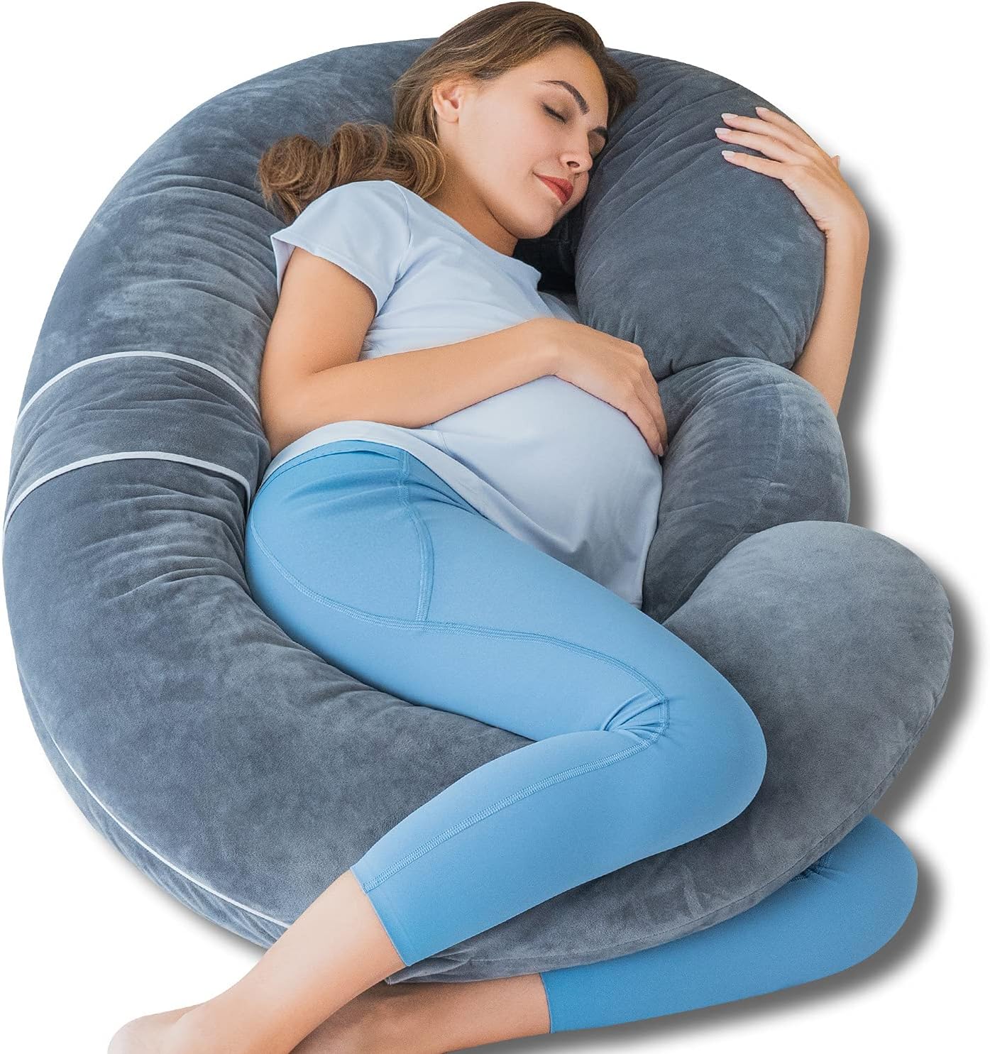 Queen Rose Pregnancy Pillow - E-Shaped Body Pillow for Side Sleepers | Detachable Grey Velvet, 60in