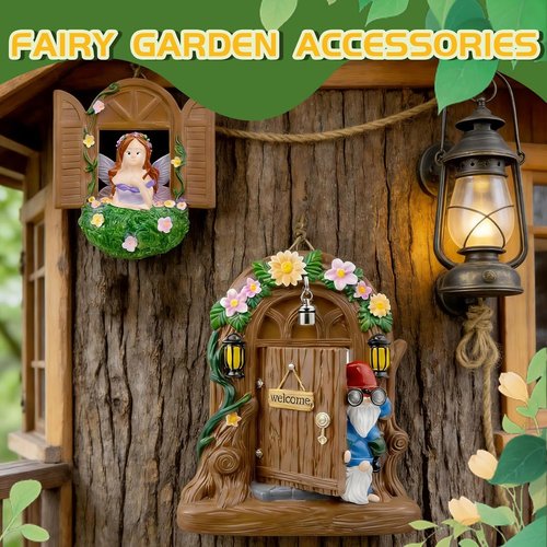 Exasinine Fairy Door and Windows Set - Gnome Statue Garden Sculpture | Outdoor Lawn Decor