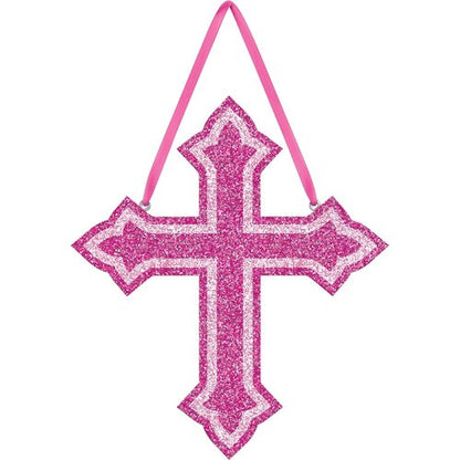 Stunning Pink Glitter Foam Cross Sign with Ribbon Hanger - 11.5"x10" (1 Pc.) - Unforgettable Decor, Eye-catching Design & Decorative Cross - Perfect for Unforgettable Celebrations & Displays