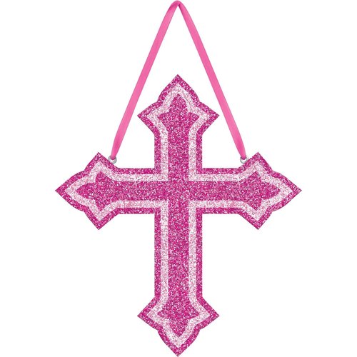 Stunning Pink Glitter Foam Cross Sign with Ribbon Hanger - 11.5"x10" (1 Pc.) - Unforgettable Decor, Eye-catching Design & Decorative Cross - Perfect for Unforgettable Celebrations & Displays