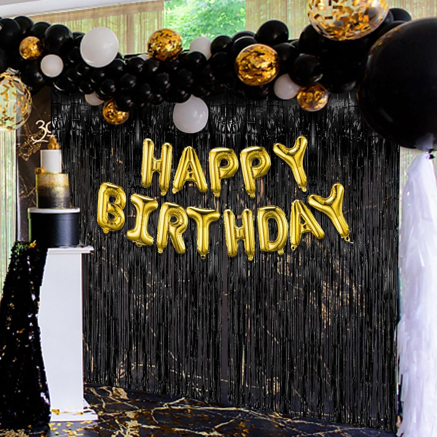 Skiennix Black Party Streamers - Tinsel Foil Fringe Curtains for Halloween & Birthday Decor | 5 Pack