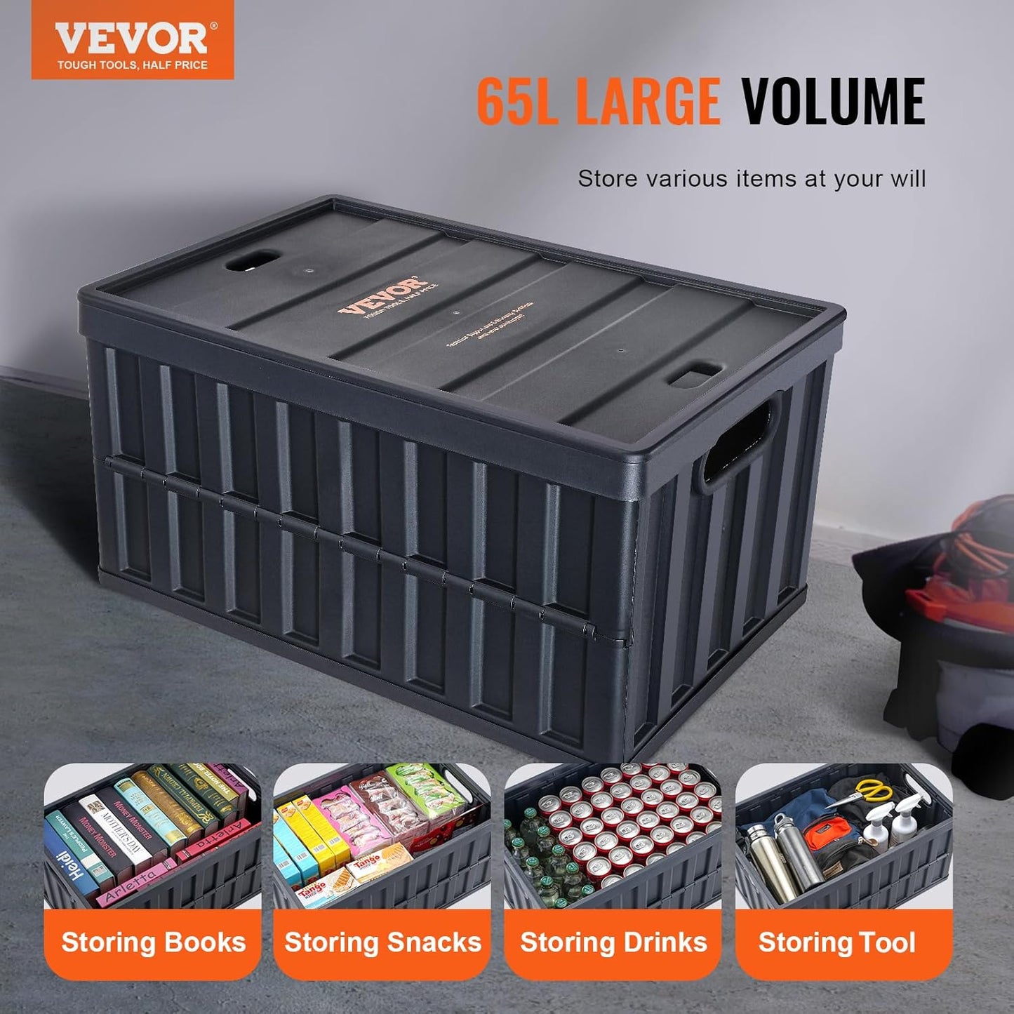 VEVOR 65L Collapsible Storage Bins - Stackable Utility Crates with Lids for Organizing Tools, Food & More