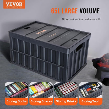 VEVOR 65L Collapsible Storage Bins - Stackable Utility Crates with Lids for Organizing Tools, Food & More