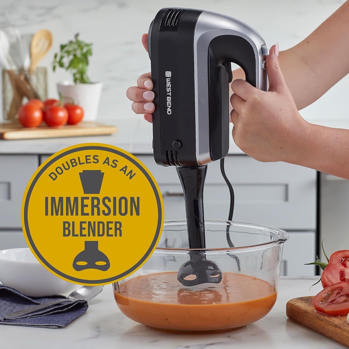 West Bend Hand Mixer Plus - 6-Speed Immersion Blender Attachment with Ergonomic Handle | 250-Watts, Black