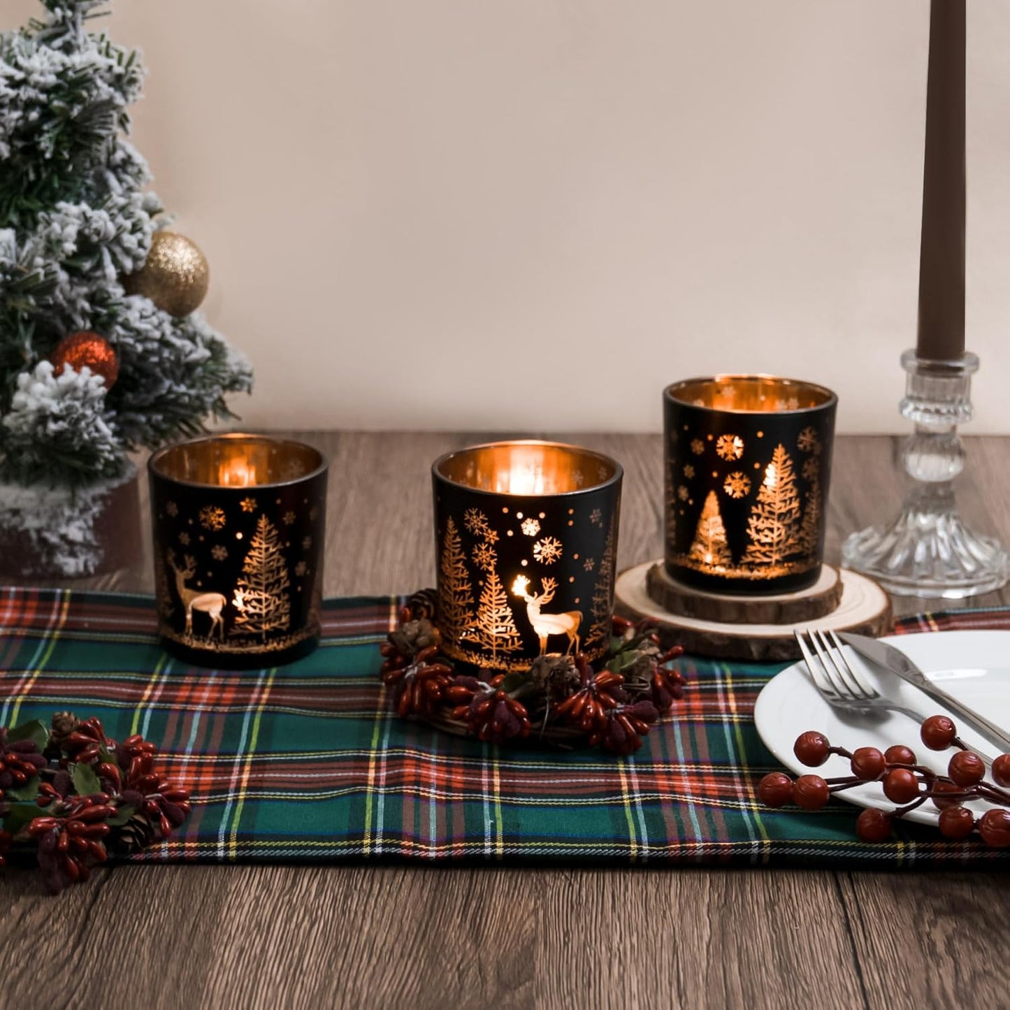 Skiennix Votive Candle Holders - Black & Gold Glass Tealight Set of 3 | Christmas Elk & Snowflake Design