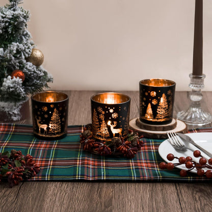 Skiennix Votive Candle Holders - Black & Gold Glass Tealight Set of 3 | Christmas Elk & Snowflake Design