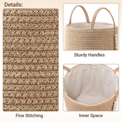 Mkono Woven Storage Basket - Decorative Natural Rope Organizer Bin with Wooden Bead Accents | 16" W × 13.8" L