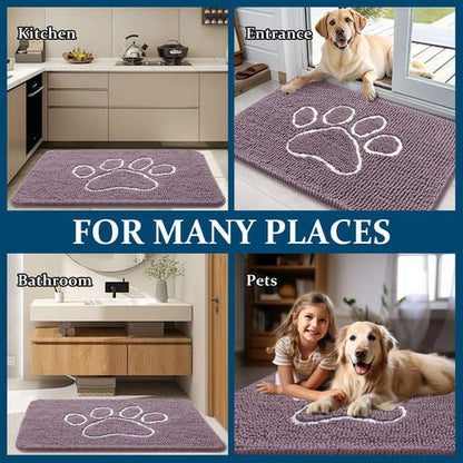 OLANLY Dog Door Mat for Muddy Paws 48x30, Paw Print Design, Absorbs Moisture and Dirt, Absorbent Non-Slip Washable Doormat, Quick Dry Chenille Mud Mat, Entry Indoor Entryway Carpet, Deep Plum