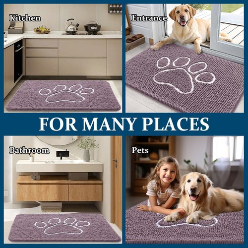 OLANLY Dog Door Mat for Muddy Paws 30x20, Paw Print Design, Absorbs Moisture and Dirt, Absorbent Non-Slip Washable Doormat, Quick Dry Chenille Mud Mat, Entry Indoor Entryway Carpet, Deep Plum
