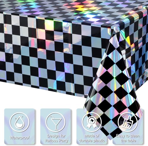 Checkered Plastic Tablecloths by Iridescent | Shiny Disposable Laser Rectangle Covers - 54x108 Inch for Parties
