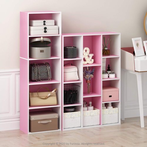 Furinno LUDER Book Shelf, 11-Cube Bookshelf, Reversible Bookcase, 9.4 x 29.1 x 41.7, Easy Assembly, for Living Room, Bedroom, Home Office, White/Pink