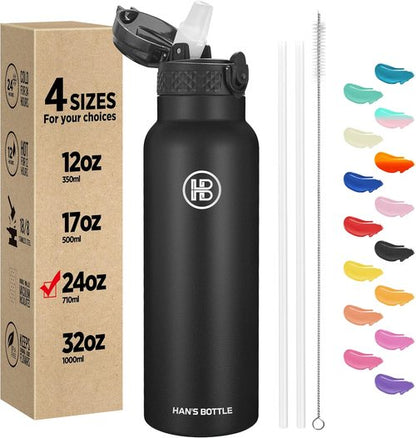 Han's Bottle Sports Water Bottle - 24 Oz Vacuum Insulated, Leak Proof Straw Lid - Black Stainless Steel