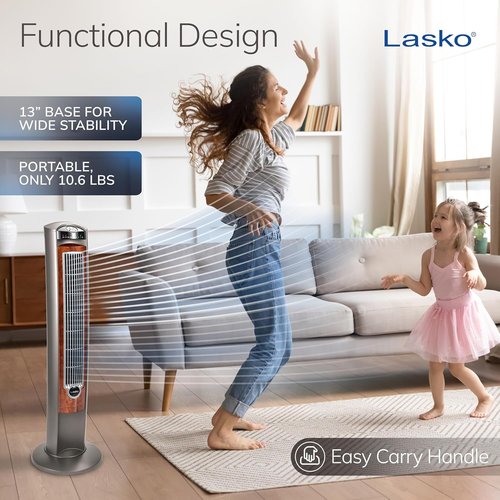 Lasko Oscillating Tower Fan - Quiet Remote-Controlled Floor Fan for Bedroom | 42" Woodgrain & Grey
