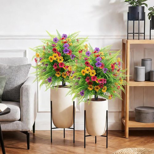 Daizy & Fern Artificial Boxwood Topiary Ball Trees - UV Resistant 23" Outdoor Shrubs with Colorful Flowers for Garden & Patio
