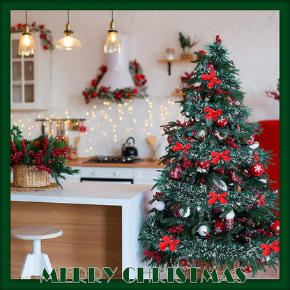 150ft Christmas Tinsel Garland with 114 Red Bows - Dark Green, Variation: Dark Green+114+150ft