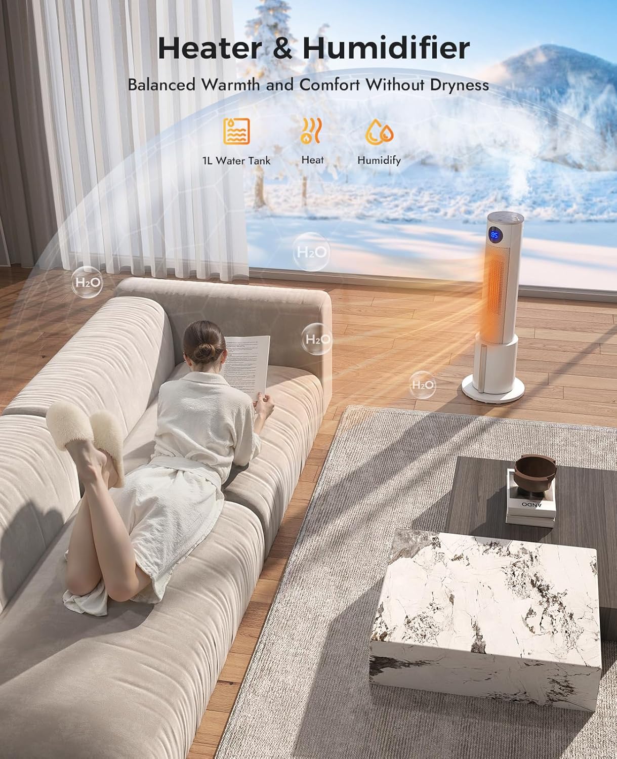 Space Heater with Humidifier by [Brand Name] - Portable Indoor Tower Heater with Remote, Adjustable Thermostat, 3 Heat Modes & 12H Timer